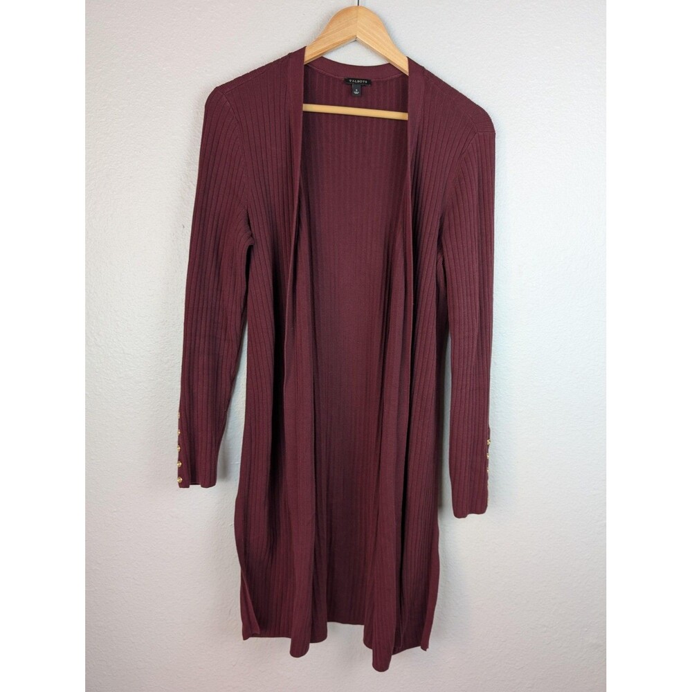 Talbots Sweater Womens Small Ribbed Open Front Long Cardigan Gold‎ Button